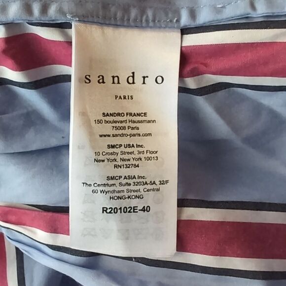 SANDRO Paris Mellow Stripe Blue Red Wrap Midi Shirt Dress Lace Inserts Size S - Picture 8 of 15
